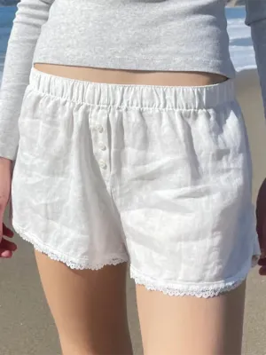 Astrid Holiday Style Buttoned Solid Color Elastic Waist Loose Versatile Stitching Lace Casual Shorts