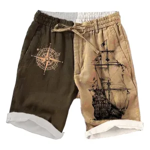 BACKWOODS | Men's Casual Vintage Ship Print Drawstring Shorts