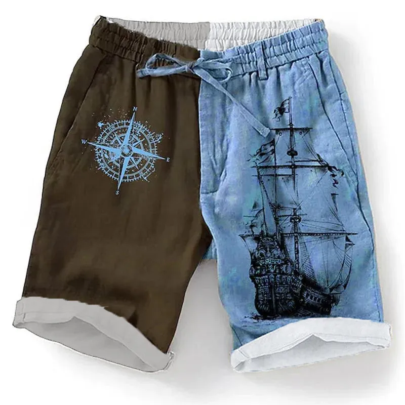 BACKWOODS | Men's Casual Vintage Ship Print Drawstring Shorts