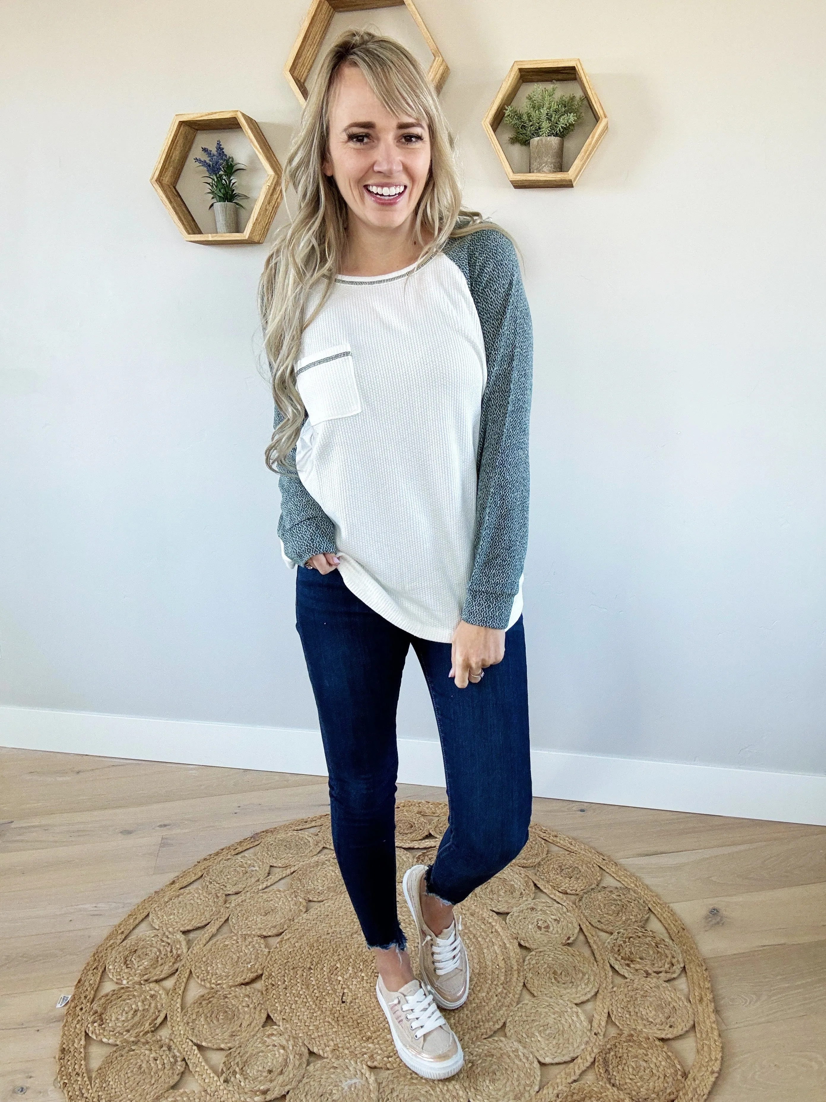 Beautiful Day Color Block Waffle Top in Ivory and Hunter Green (SALE)