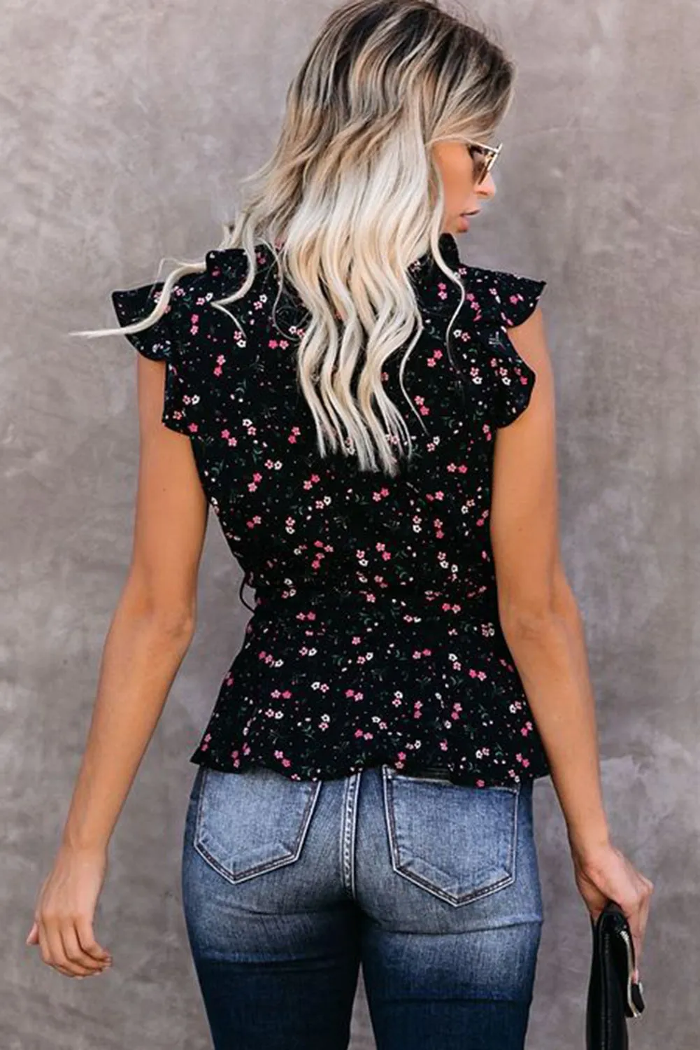 Black Floral Print Belted Ruffled V Neck Sleeveless Top