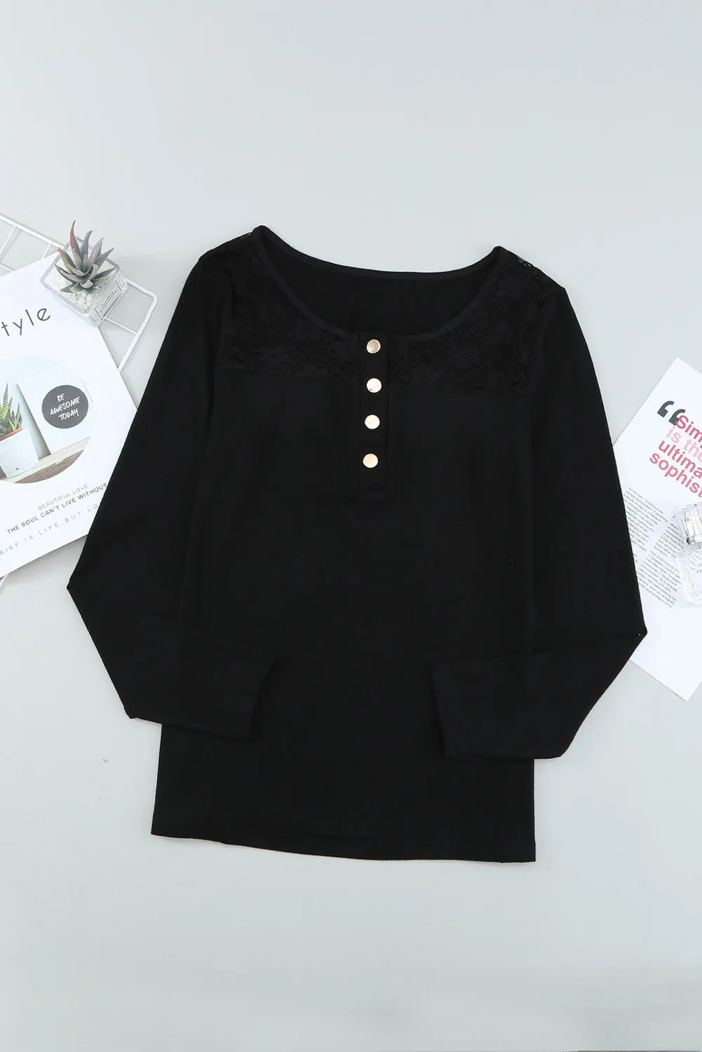 Black Lace Splicing Buttoned Long Sleeve Top
