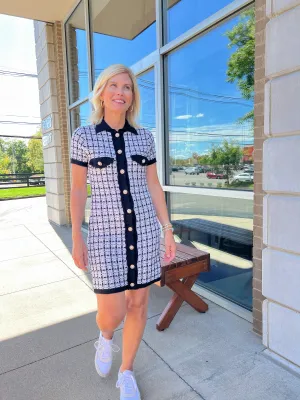 Black Plaid Pearled Button Down Dress