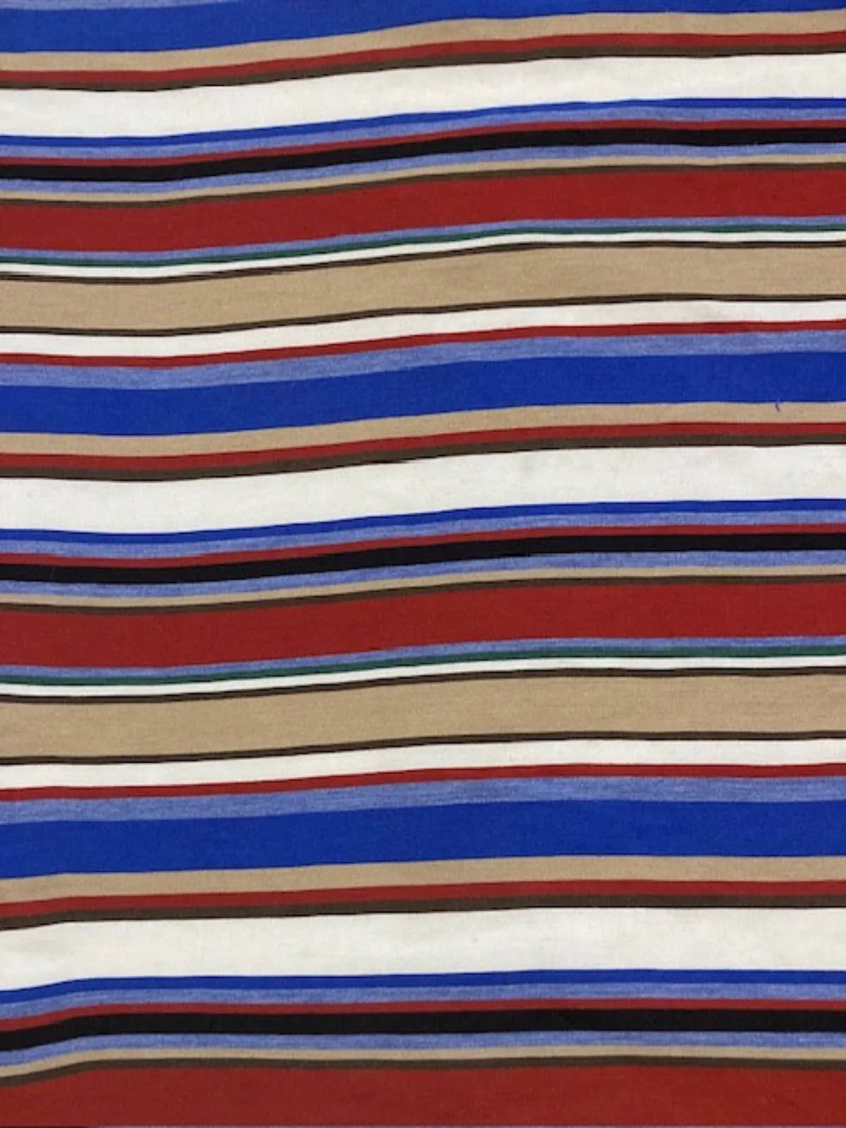 Blue/Red/Coffee Woven Cotton lightweight Stripe. Stripes run across the fabric.