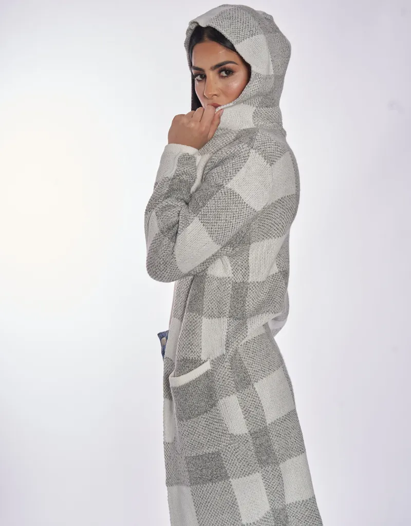 Checkered Knit Cardigan Hoody