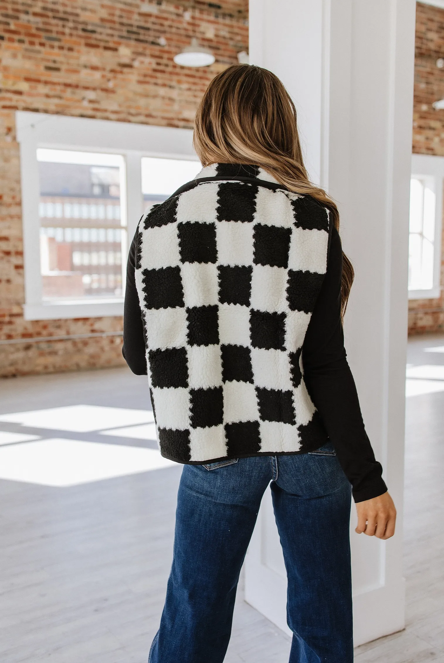 Checkered Sherpa Collared Vest