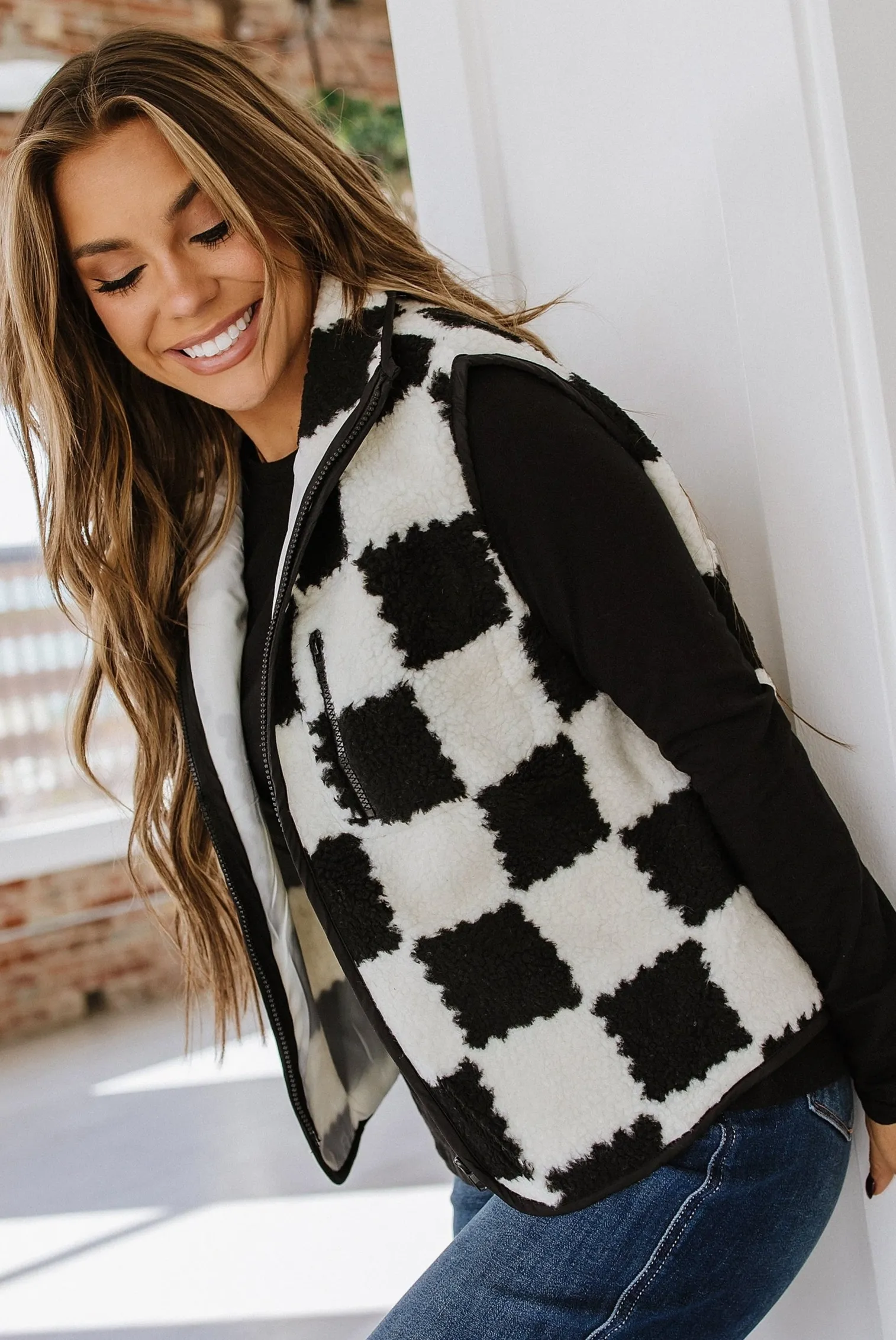 Checkered Sherpa Collared Vest