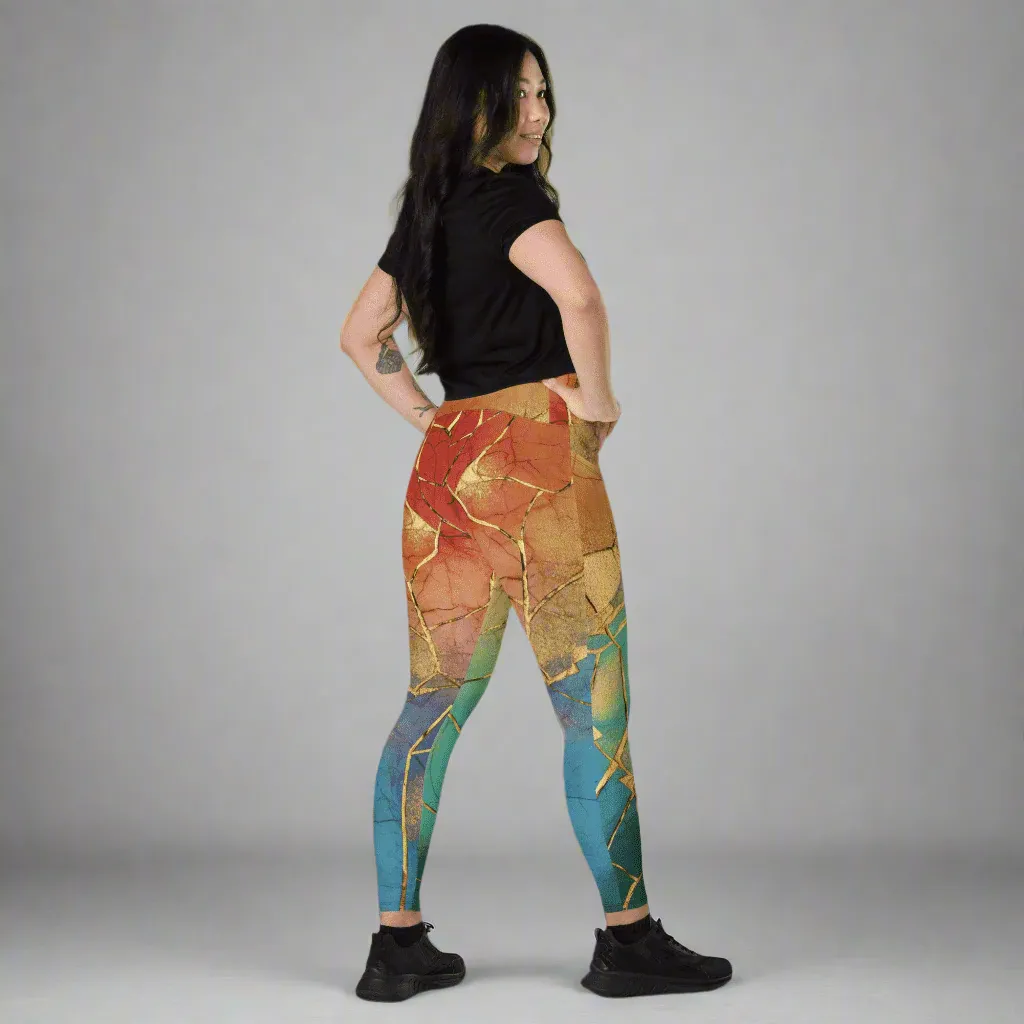 Cracked Rainbow Leggings with Gold Veining | High Waisted Empowerment Activewear