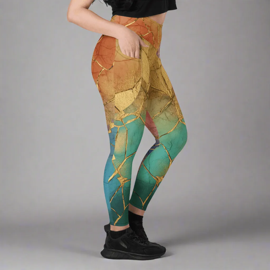 Cracked Rainbow Leggings with Gold Veining | High Waisted Empowerment Activewear