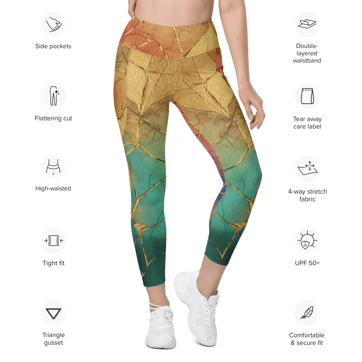 Cracked Rainbow Leggings with Gold Veining | High Waisted Empowerment Activewear
