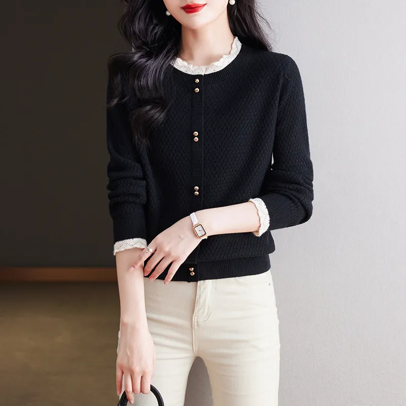 Elegant Lace Round Neck Knitted Cardigan