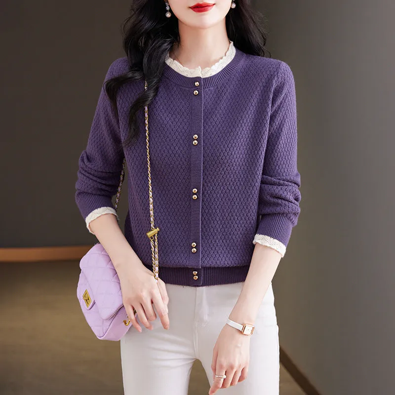 Elegant Lace Round Neck Knitted Cardigan