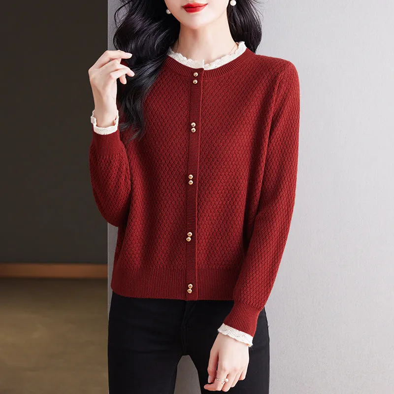 Elegant Lace Round Neck Knitted Cardigan