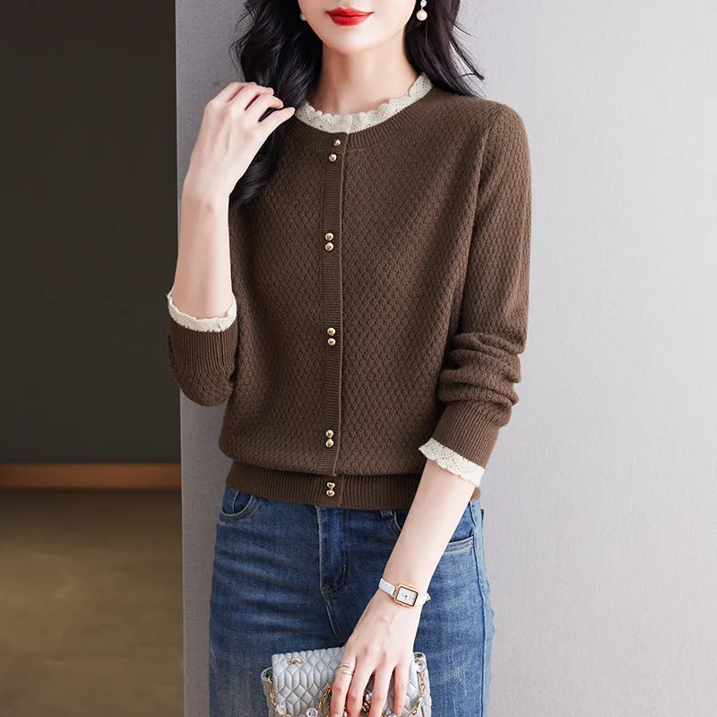 Elegant Lace Round Neck Knitted Cardigan