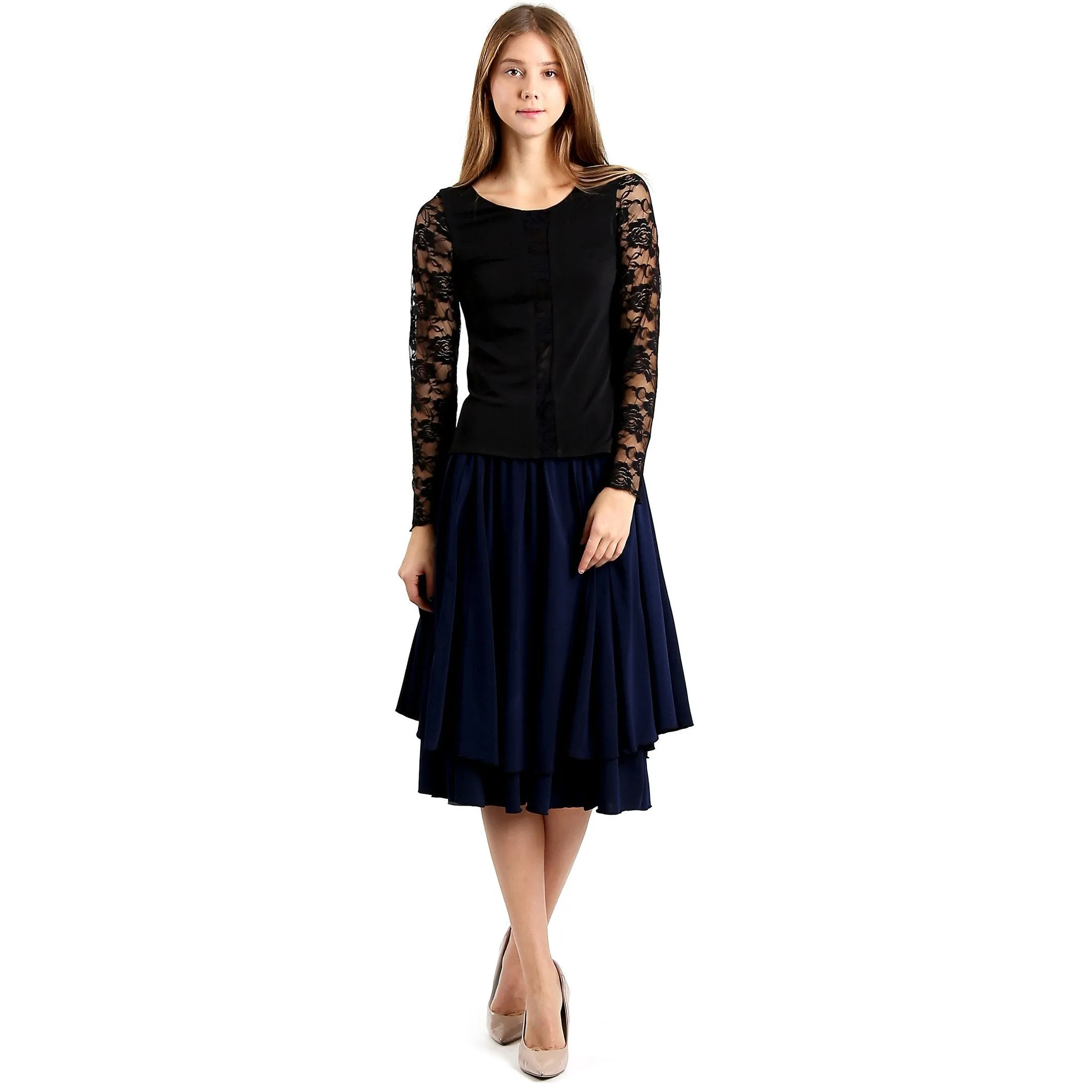 Evanese Women's Blouse Top with Long Lace Sleeves and Semi See Through Center
