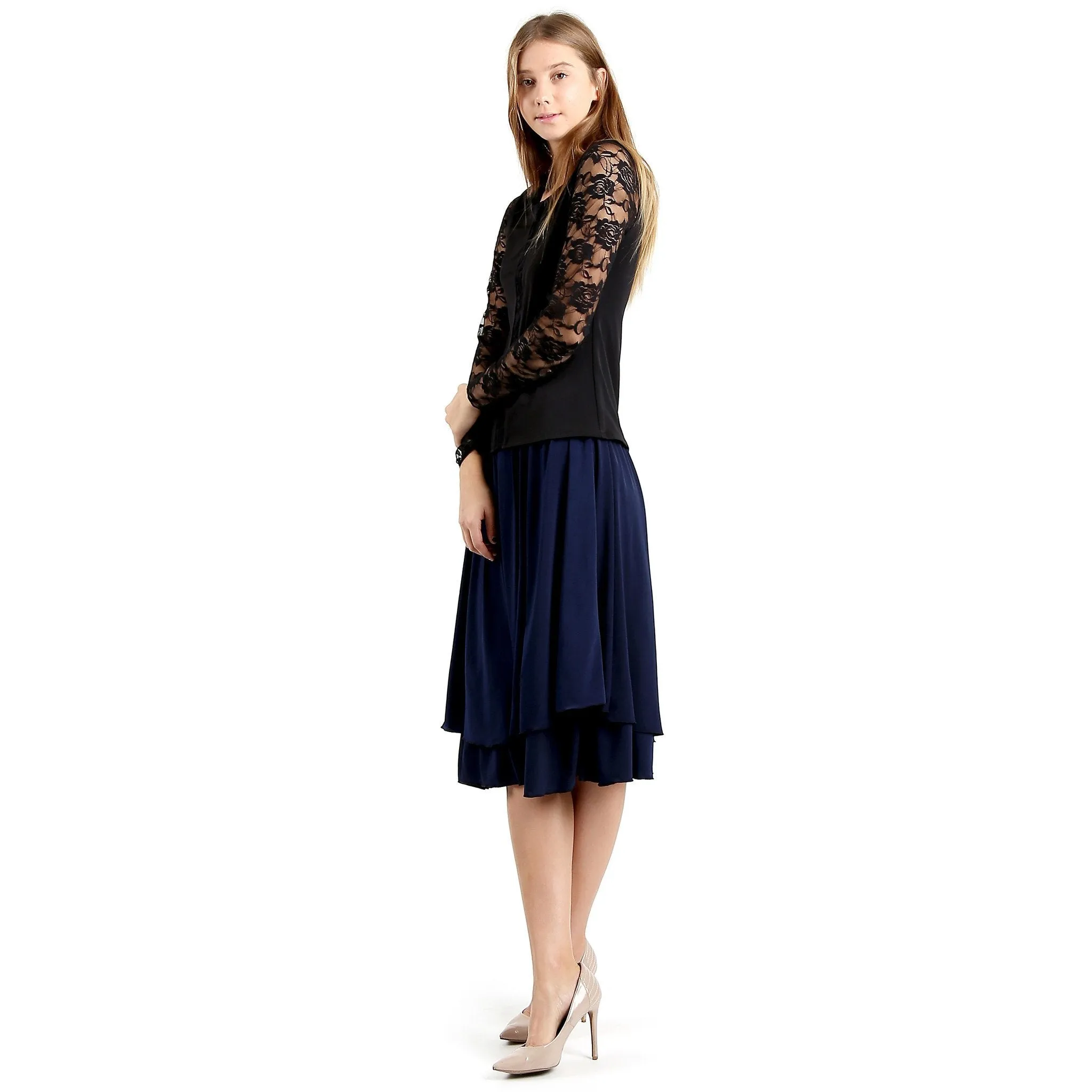 Evanese Women's Blouse Top with Long Lace Sleeves and Semi See Through Center