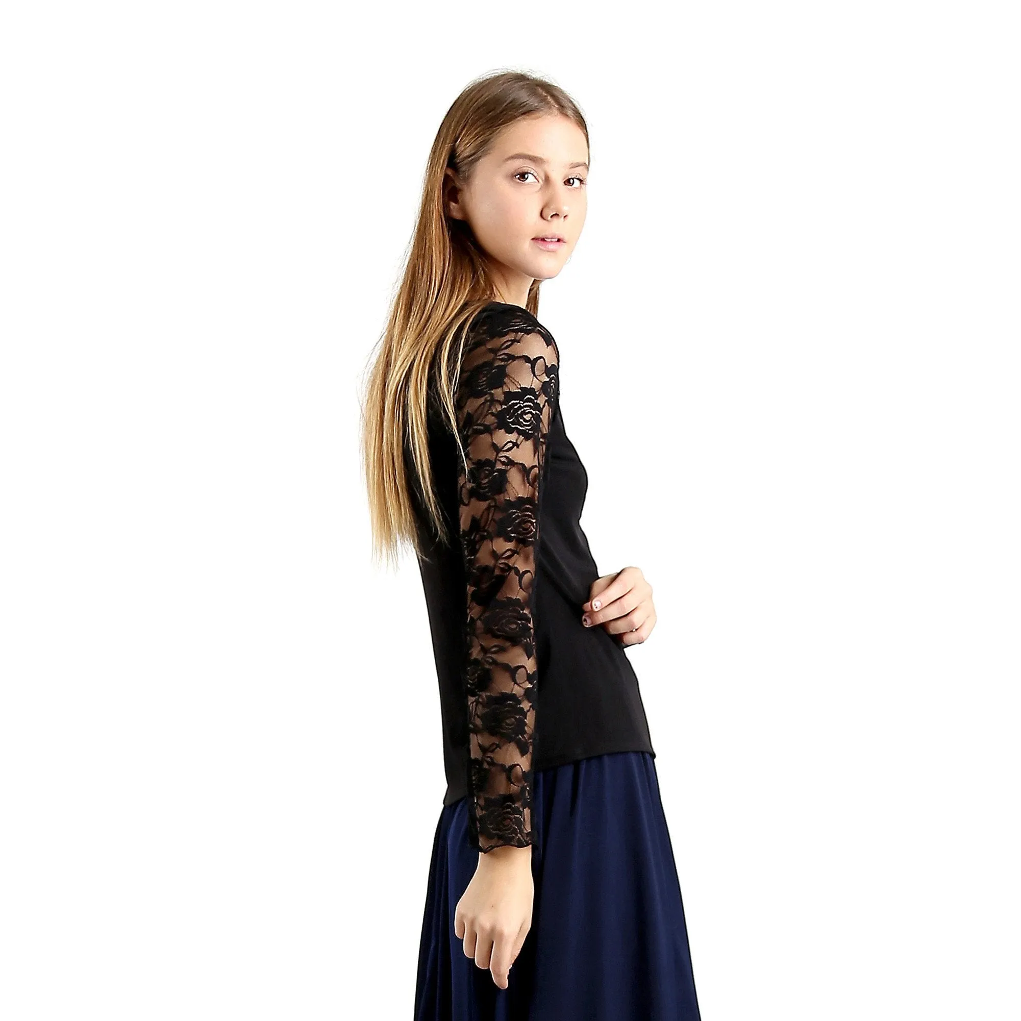 Evanese Women's Blouse Top with Long Lace Sleeves and Semi See Through Center