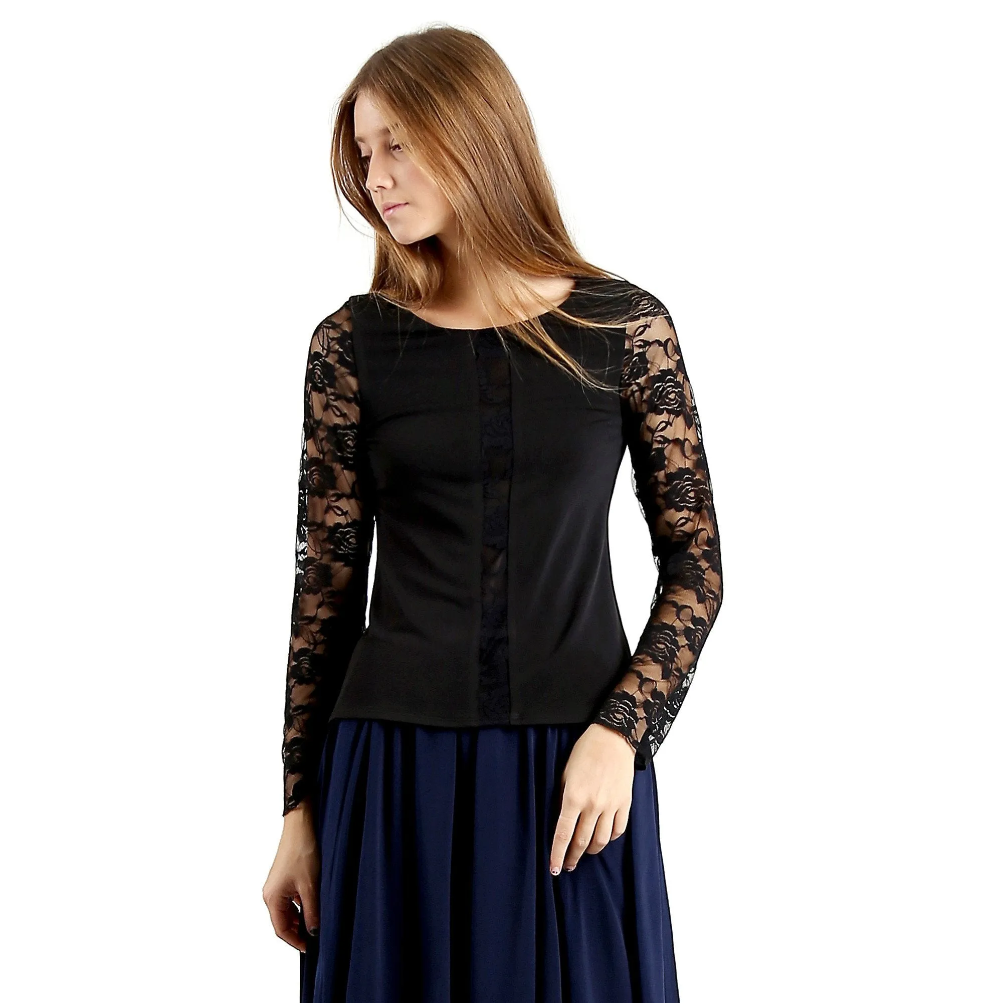 Evanese Women's Blouse Top with Long Lace Sleeves and Semi See Through Center