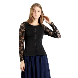 Evanese Women's Blouse Top with Long Lace Sleeves and Semi See Through Center