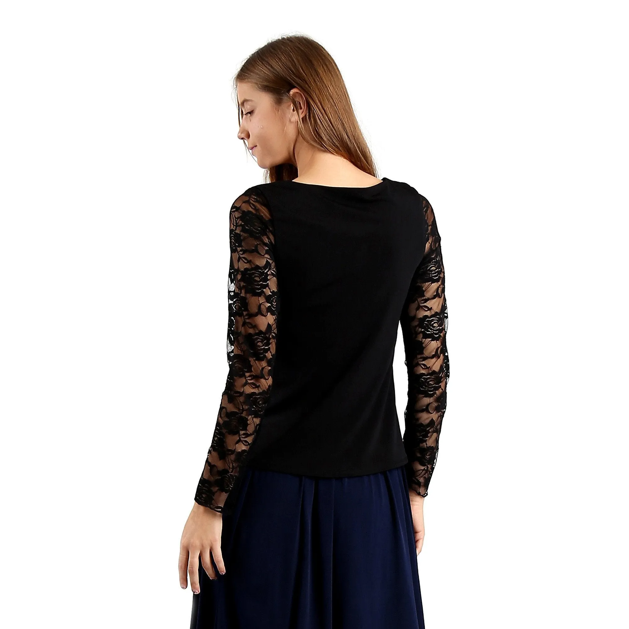Evanese Women's Blouse Top with Long Lace Sleeves and Semi See Through Center
