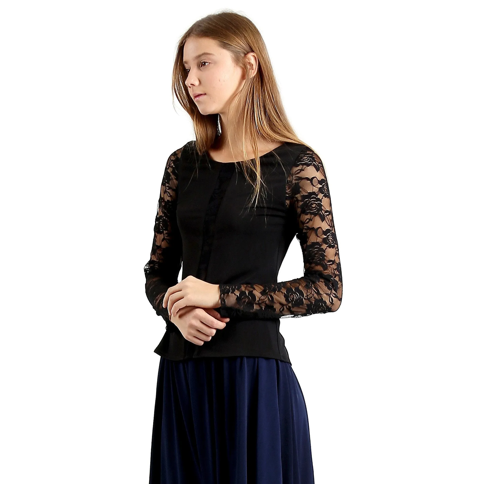 Evanese Women's Blouse Top with Long Lace Sleeves and Semi See Through Center