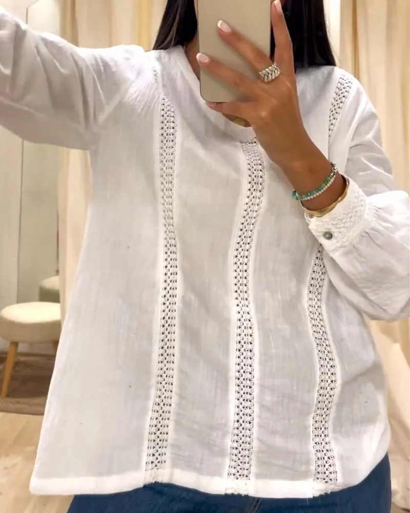 Fashionable lace round neck long sleeve top