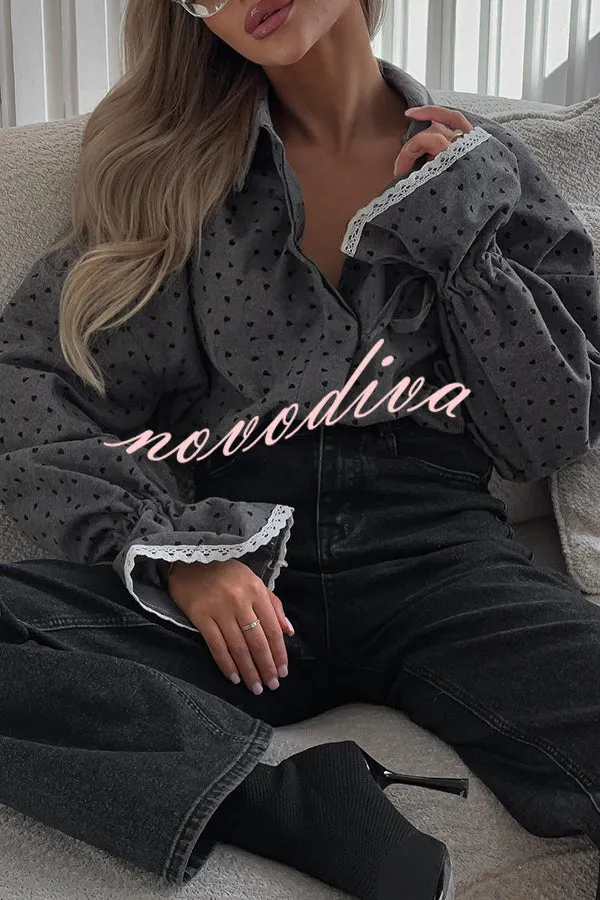Fashionable Love Polka Dot Lapel Lace Cuffs Casual Shirt