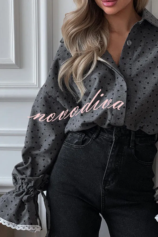 Fashionable Love Polka Dot Lapel Lace Cuffs Casual Shirt