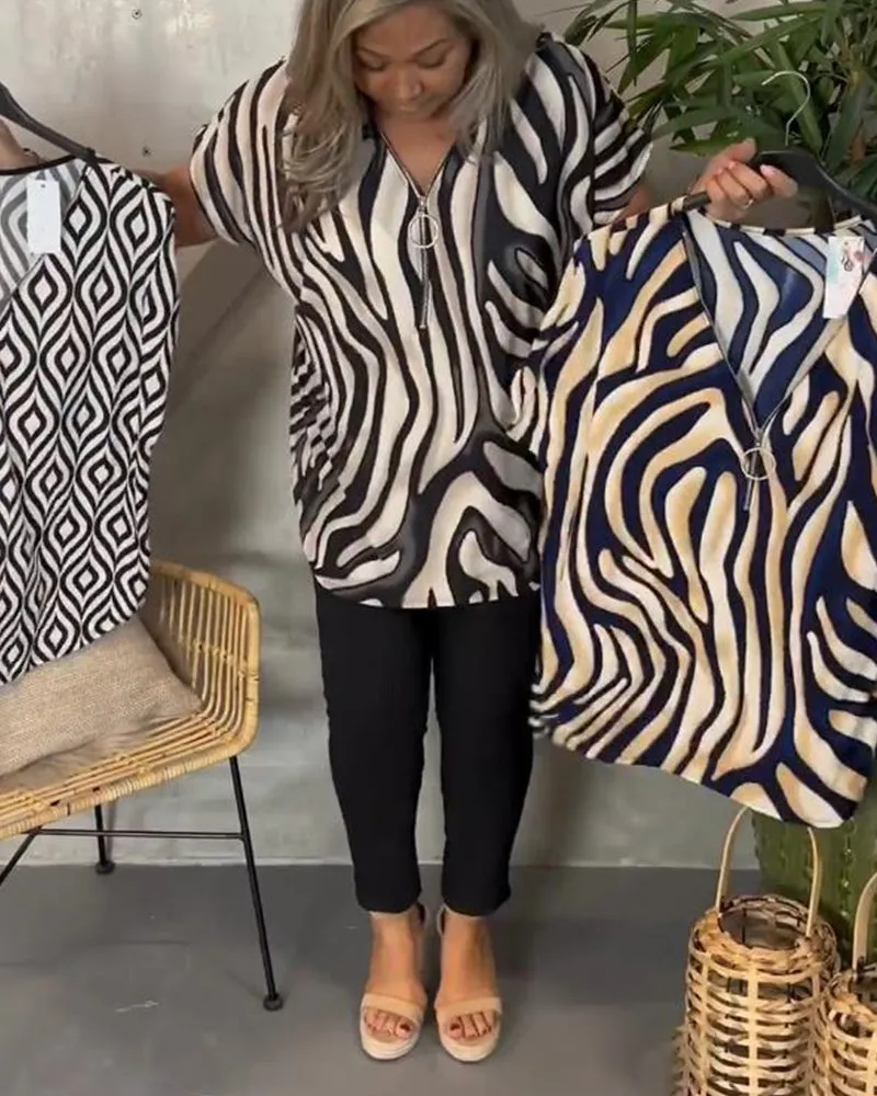 Fashionable zebra print V-neck zipper blouse