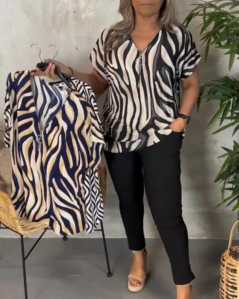 Fashionable zebra print V-neck zipper blouse
