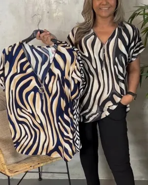 Fashionable zebra print V-neck zipper blouse