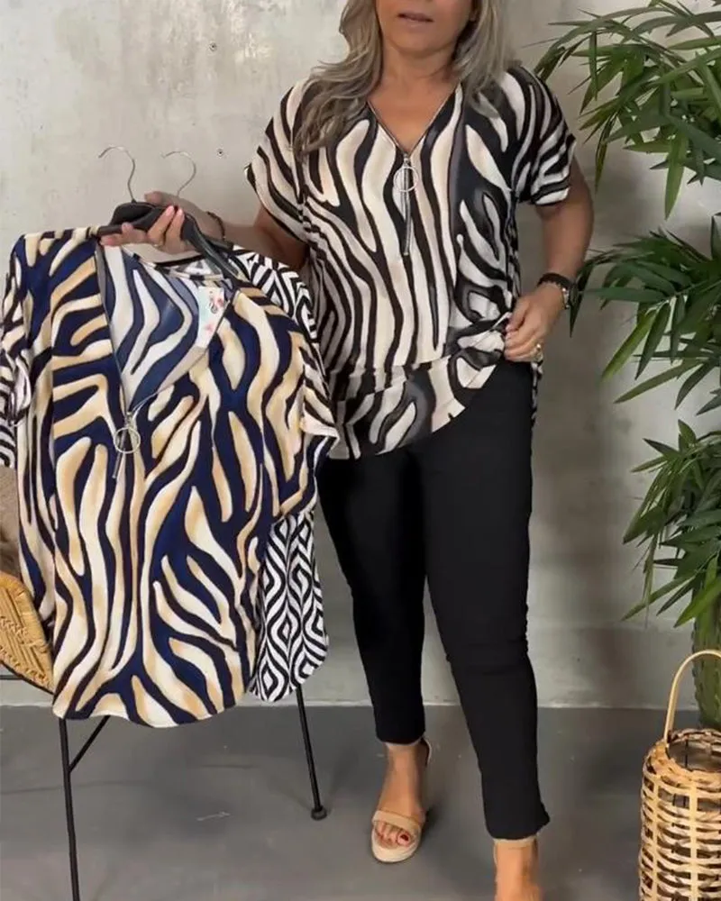 Fashionable zebra print V-neck zipper blouse