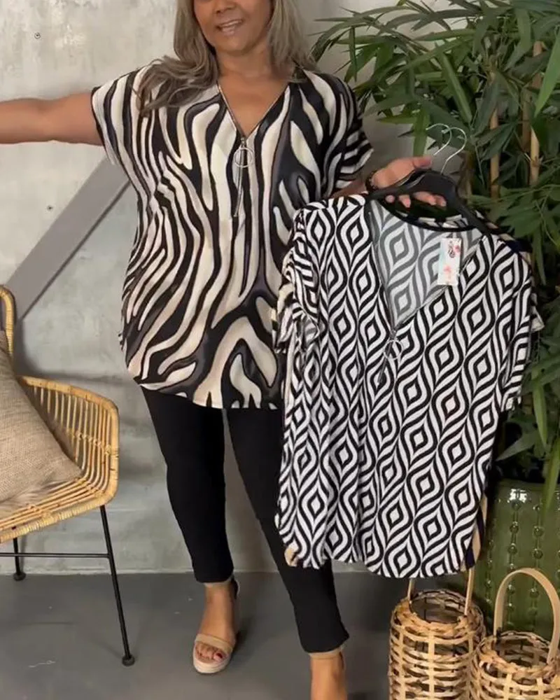 Fashionable zebra print V-neck zipper blouse