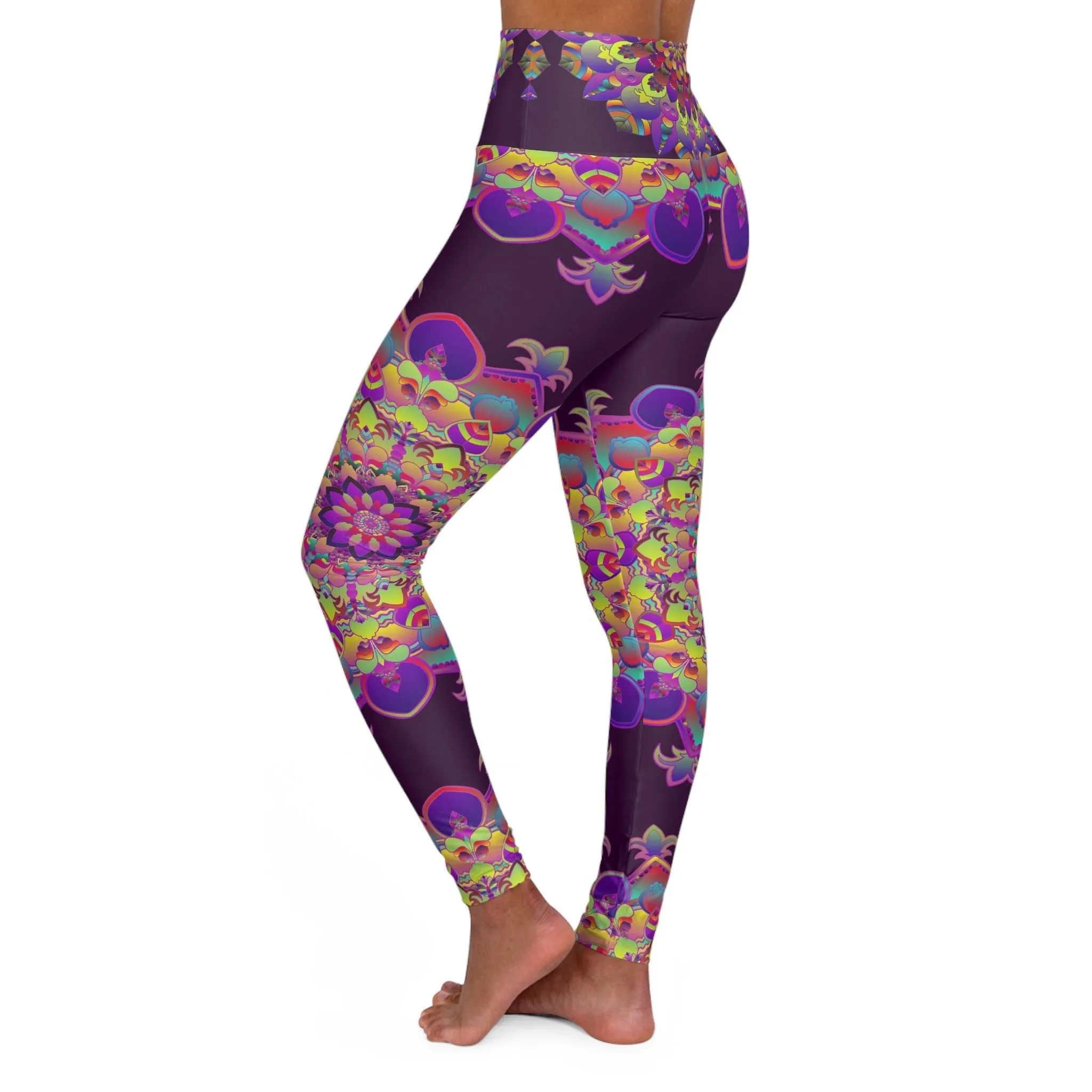 High Waisted Mandala Art Yoga Leggings - Dark Plum