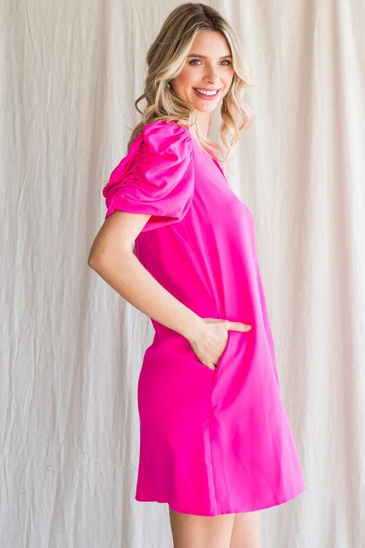 Hot Pink Solid Short Draped Sleeves Dress