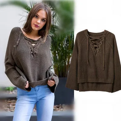 Irregular V-neck Pure Color Long Sleeves Straps Loose Sweater
