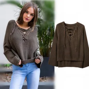 Irregular V-neck Pure Color Long Sleeves Straps Loose Sweater