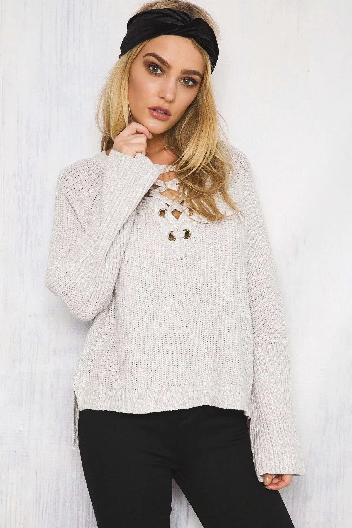 Irregular V-neck Pure Color Long Sleeves Straps Loose Sweater