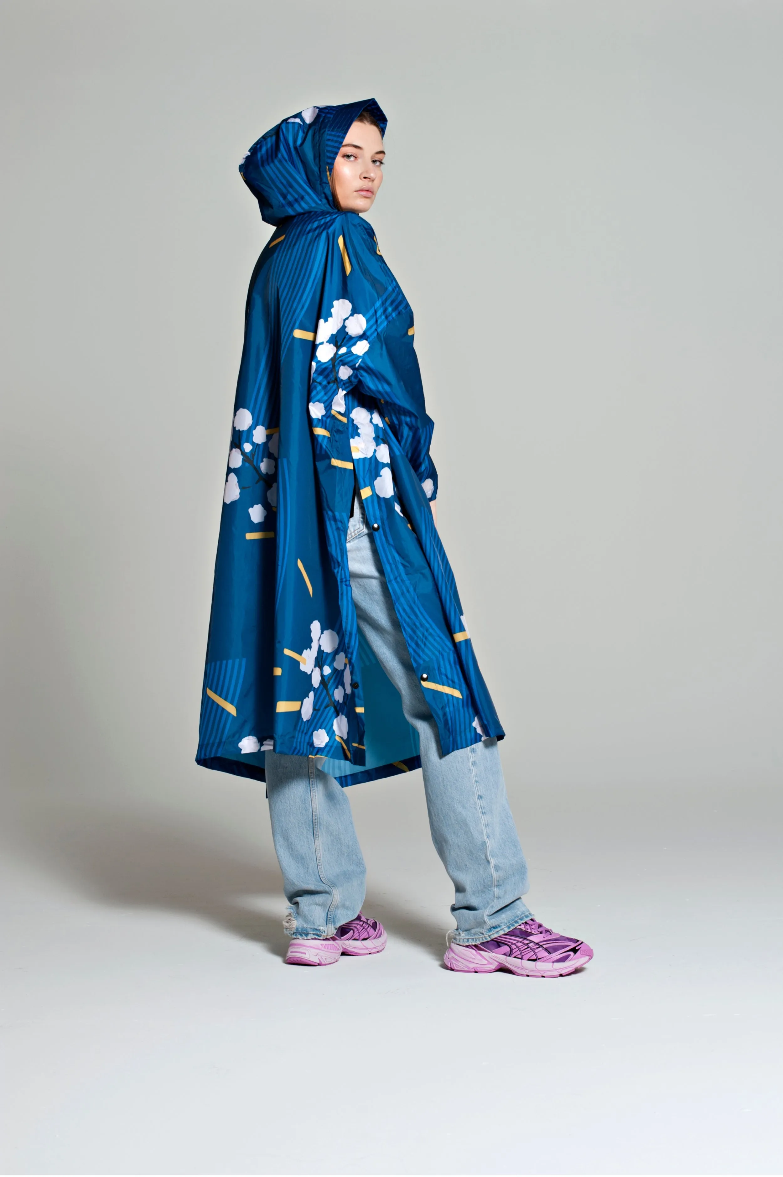 Japanese Blossom - Rain Poncho Blue