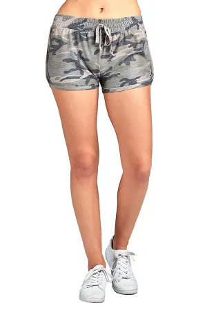 Khanomak Drawstring Waist Detail All Over Camo Print French Terry Dolphin Hem Shorts