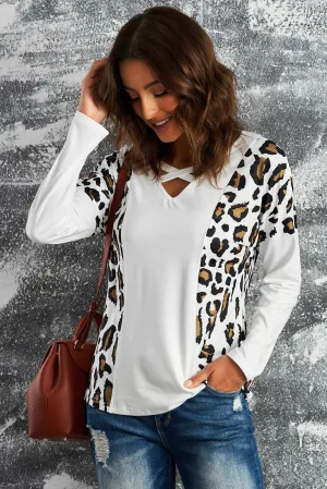 Leopard Splicing Criss Cross V Neck Blouse