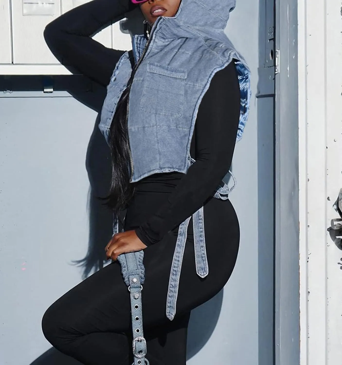 Light-Blue Womens Small Cropped Puffer Vest with Hood, Sleeveless Jean Bubble Coat