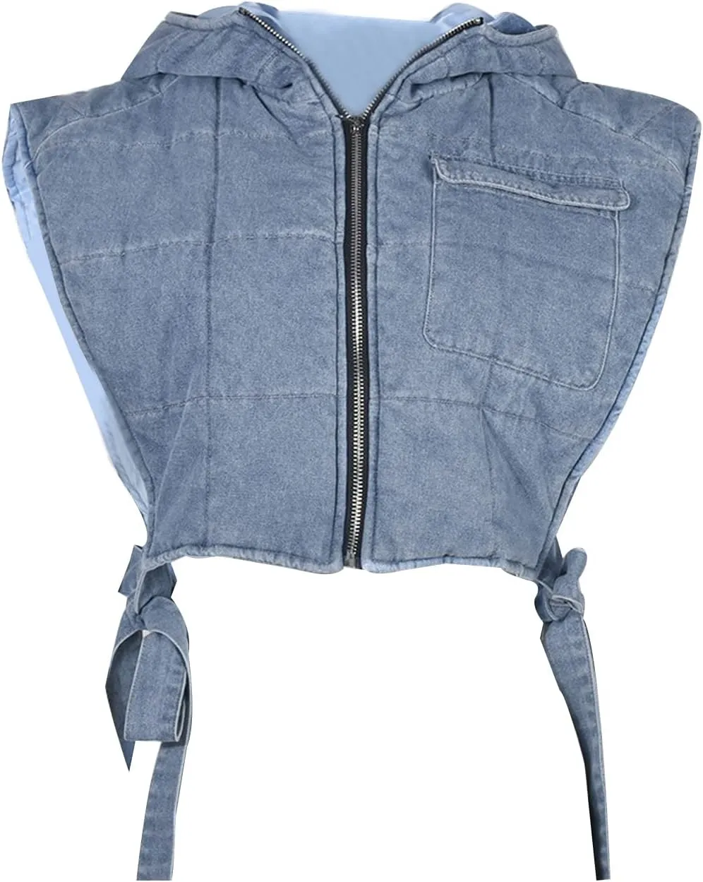 Light-Blue Womens Small Cropped Puffer Vest with Hood, Sleeveless Jean Bubble Coat