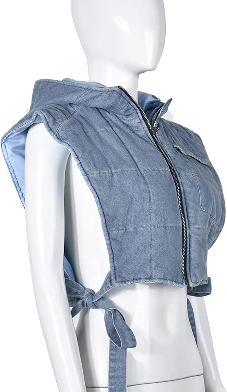 Light-Blue Womens Small Cropped Puffer Vest with Hood, Sleeveless Jean Bubble Coat