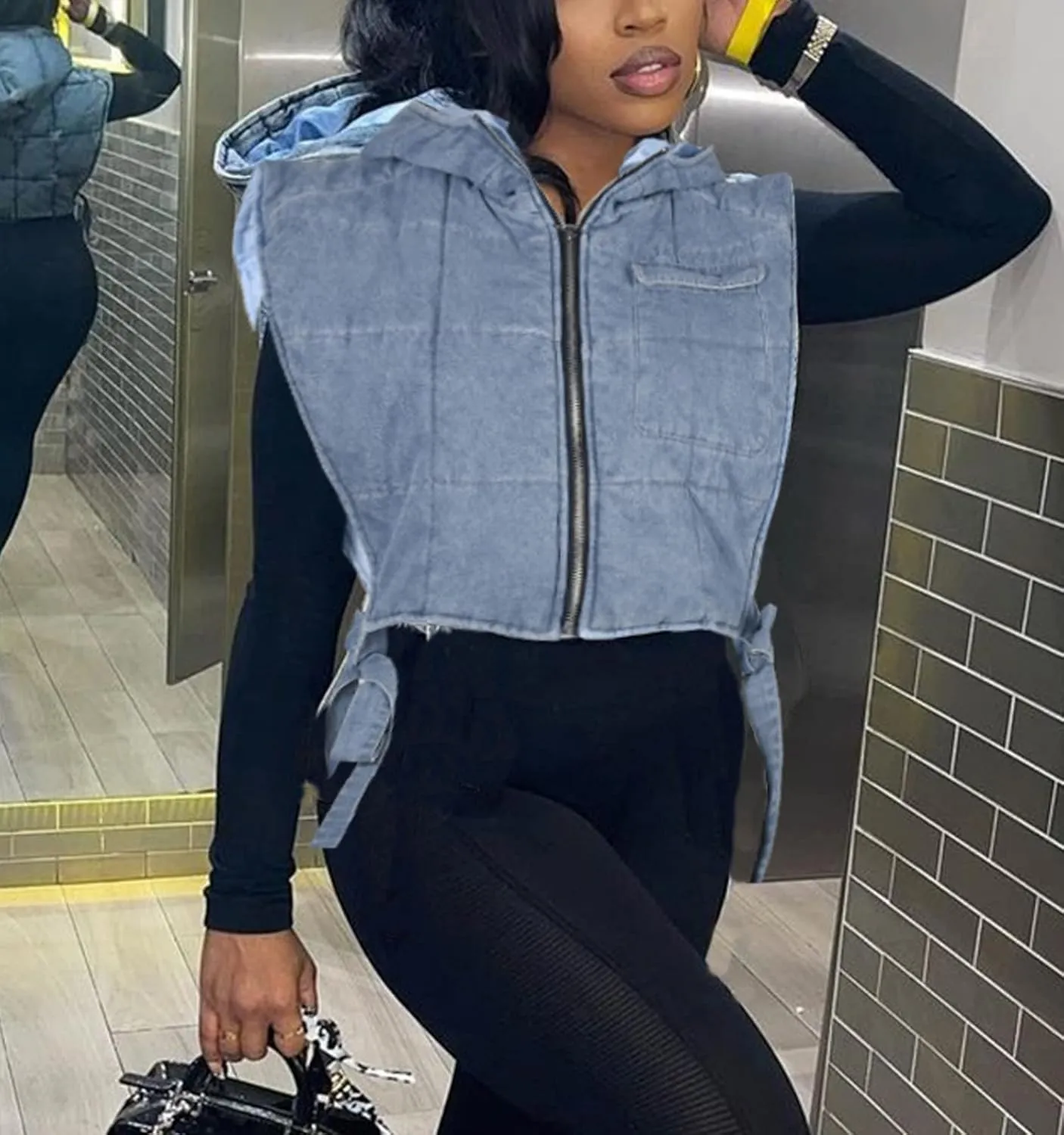 Light-Blue Womens Small Cropped Puffer Vest with Hood, Sleeveless Jean Bubble Coat