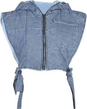 Light-Blue Womens Small Cropped Puffer Vest with Hood, Sleeveless Jean Bubble Coat