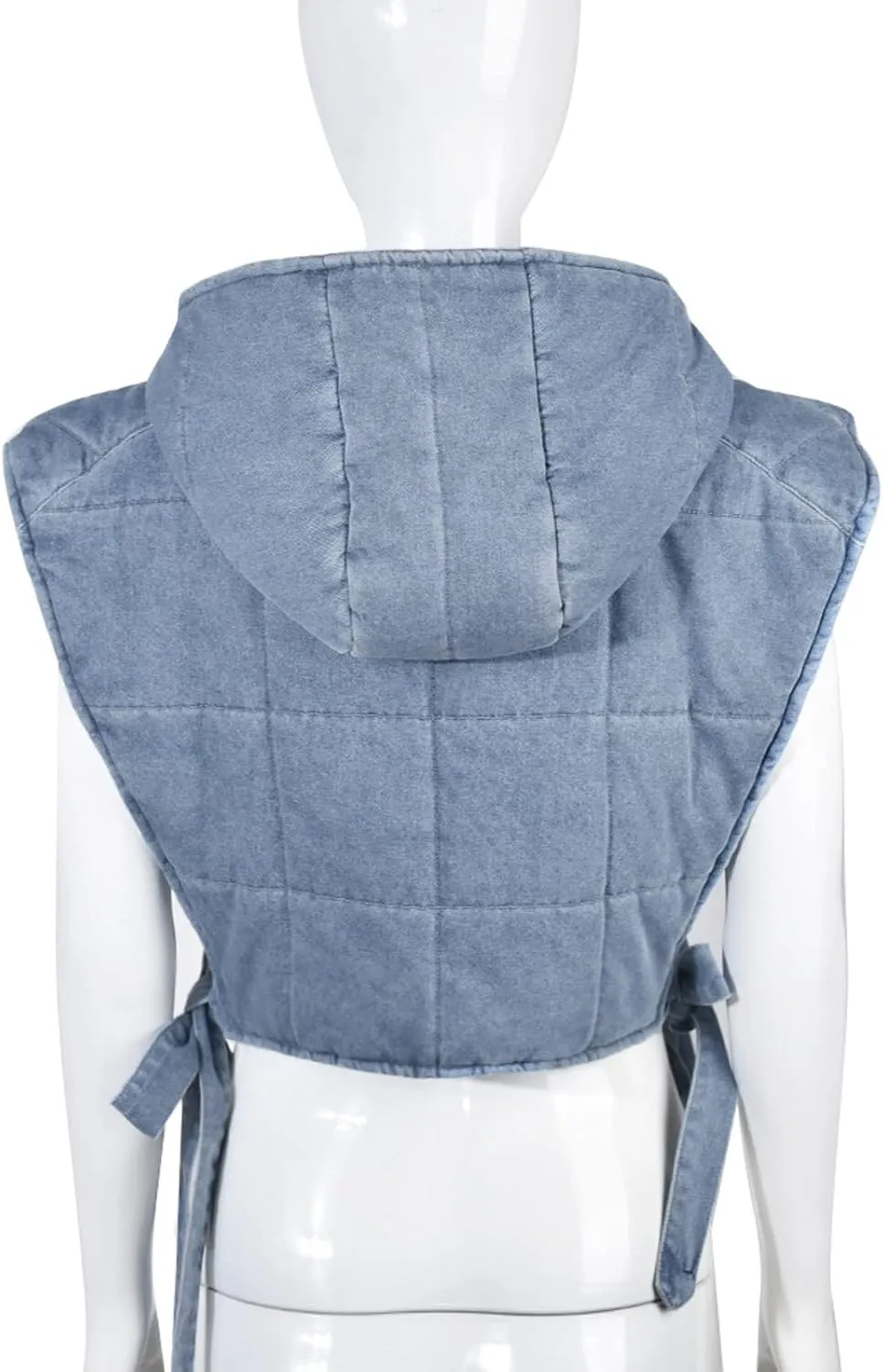 Light-Blue Womens Small Cropped Puffer Vest with Hood, Sleeveless Jean Bubble Coat
