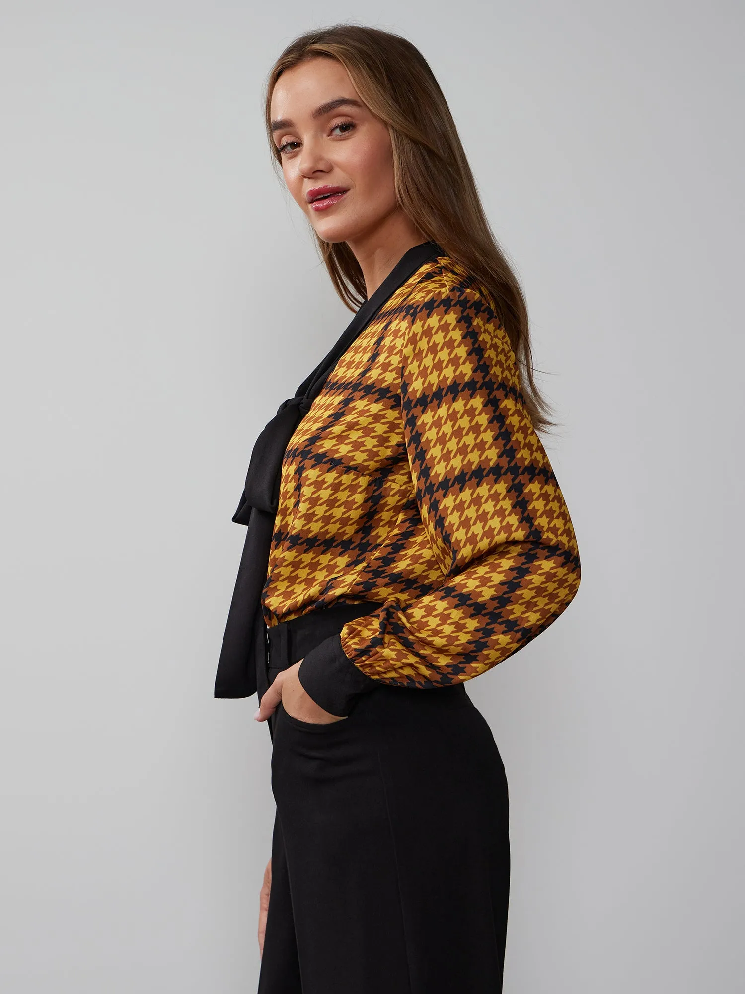 Long Sleeve Houndstooth Plaid Blouse