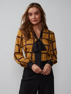 Long Sleeve Houndstooth Plaid Blouse