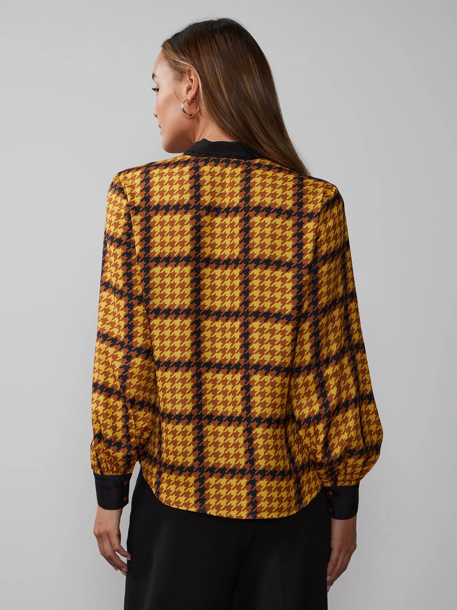 Long Sleeve Houndstooth Plaid Blouse